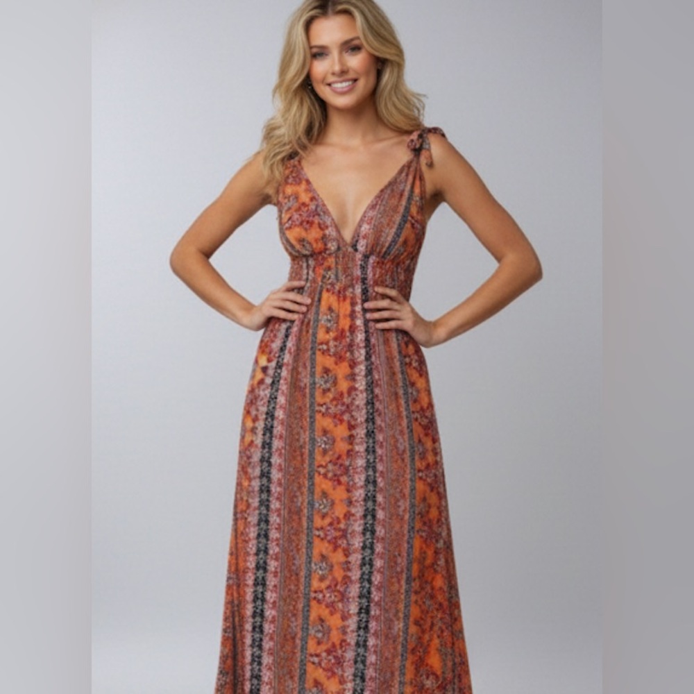 Boho Orange Tie Shoulder Criss Cross Backless Cami Dress